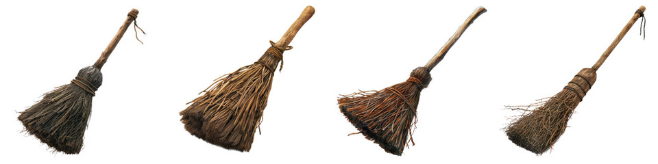 Obraz premium Collection of traditional brooms in different styles and colors, perfect for cleaning or rustic decor inspirations. transparent background
