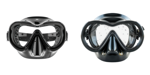 Two sleek scuba masks featured side by side, showcasing modern design and advanced technology for underwater exploration. transparent background