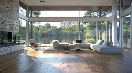 Modern Living Room with a Lake View