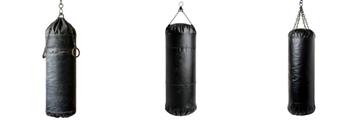 A collection of black punching bags hanging, ideal for fitness and boxing training, showcasing durability and strength. transparent background