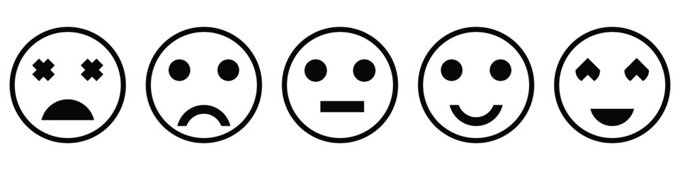 Fototapeta premium Feedback emoticons emojis. Smiley icon set , happy, neutral, sad, emoji, icon - Customer satisfaction rating scale with good and bad emotions. Vector illustration. eps 10