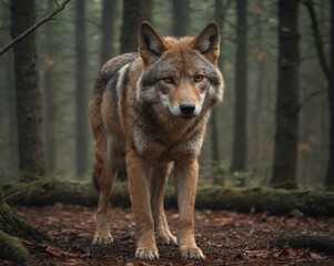 Obraz premium Majestic Red Wolf in Misty Forest