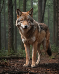 Fototapeta premium Majestic Red Wolf in Misty Forest