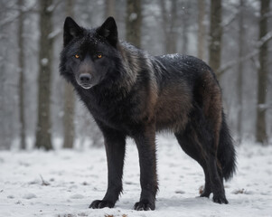 Majestic Black Wolf in Snowy Forest