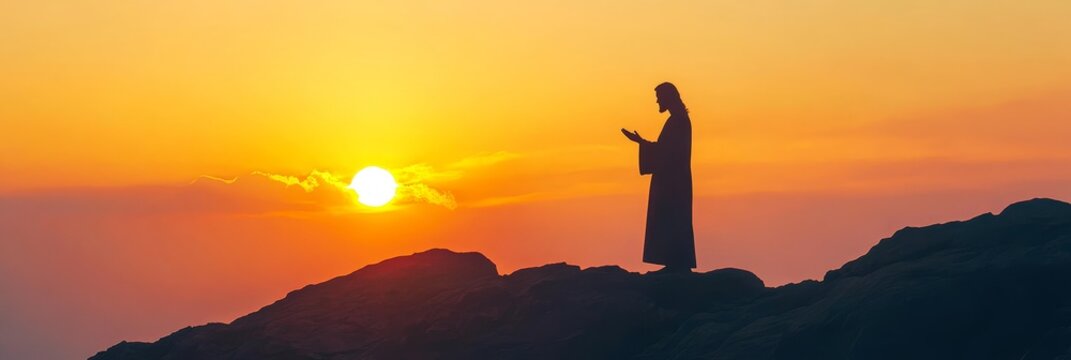 Silhouette of jesus preaching sermon on mountain top in ministry  biblical gospel teaching