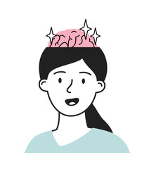 Psychological state concept. Woman with sparkles in her brain. Mental and psychological health. Creative young girl with inspiration. Linear vector illustration