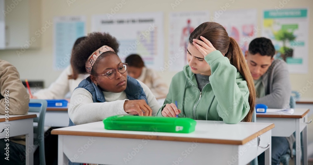 Poster Help, student and writing for test in class for university exams, project and academic assignment. Girl, question and brainstorm for learning, homework and education with development in classroom