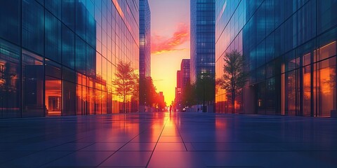 Sunset Reflection on Glass Buildings and City Street
