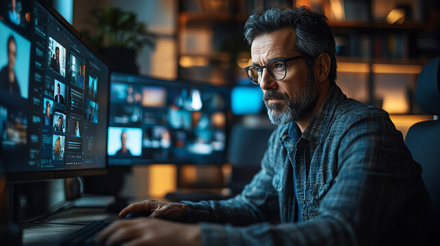 A focused designer working at a computer, examining digital content surrounded by multiple screens in a modern workspace.