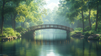 A serene landscape featuring a wooden bridge over a tranquil river, surrounded by lush green trees and soft morning light.
