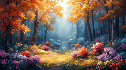 A serene forest path illuminated by golden sunlight, surrounded by vibrant autumn foliage and blooming flowers.