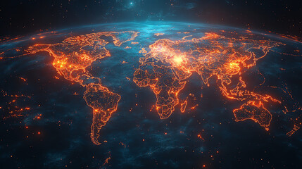 A stunning aerial view of Earth illuminated with vibrant lights, showcasing cities and landscapes in a beautiful cosmic setting.