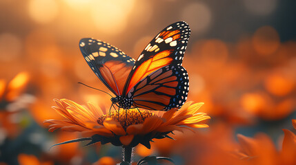 Obraz premium A vibrant butterfly perched on a bright flower, showcasing nature's beauty in a dreamy, sunlit garden landscape.