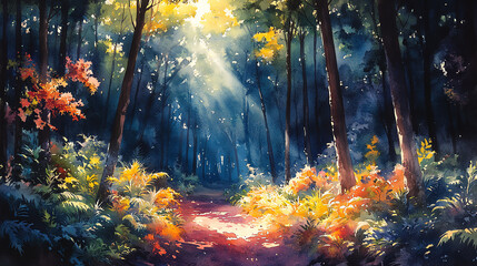 Naklejka premium A vibrant forest scene with sunlight filtering through trees, creating a magical atmosphere filled with colorful leaves and ferns.