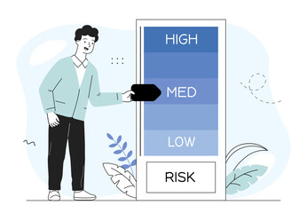 Man with risk management. Young guy assesses risk of investment or business project. Businessman, trader or investor with gauge indicator. Linear vector illustration