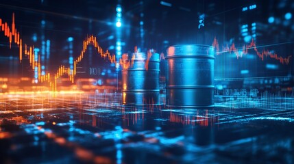Growth arrow depicting the oil price graph of the energy market business on a global industrial background with gasoline petroleum fuel tank 3D barrel economy gas finance chart or power