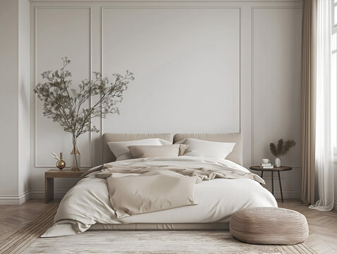 Aesthetic elegant minimalist bedroom interior design. Clear mock up empty wall for decoration in the apartment. Copy space in the room. Neutral palette of natural colors.