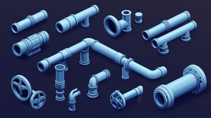 Isometric view of pipes including water tubes and a pipeline with a valve Construction of oil and gas industry tubes Plastic plumbing system 3D vector set isolated pieces of pipes