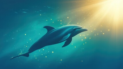 Fototapeta premium dolphin swimming gracefully in clear ocean waters, illuminated by sunlight, showcasing the majesty of marine life.