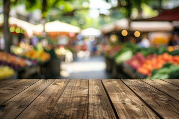 Wooden Tabletop with a Blurred Farmers Market Background