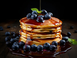 Stack of Pancakes with Blueberries and Syrup