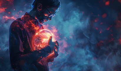 a person standing with a transparent human digestive system shining in bright colors a sign of problems in the stomach, design