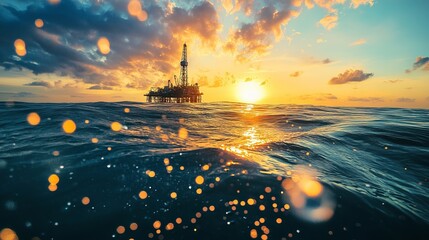 Offshore oil or gas rig in the sea at sunset Industry drill platform in the ocean with water and underwater bubbles and sunrise on the horizon Subsea marine landscape for mining