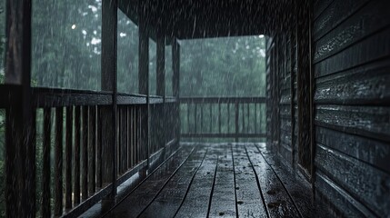 Rain Falling on a Wooden Porch and Deck
