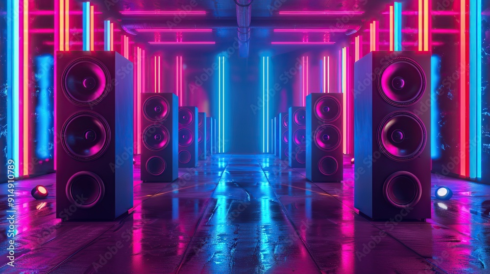 Poster a row of dynamic speakers set against a vibrant background with neon lights and reflective surfaces. copy space for text.