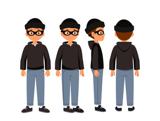 Male robber constructor. Man in black hoodie and hat. Kit for creating cartoons. Pack of character in different poses. Crime and burglary. Flat vector collection