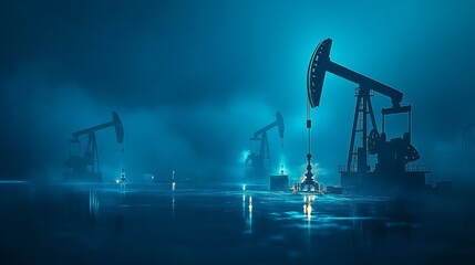 Oil pumps on a blue background Extraction technology gas market well drilling innovation petroleum production technology fossil fuel energy economy war constriction and oil refinery