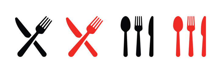 Fork, knife, plate and spoon. Menu symbol. Restaurant icon. Food, plate, fork, knife, spoon, cutlery icon set. Vector