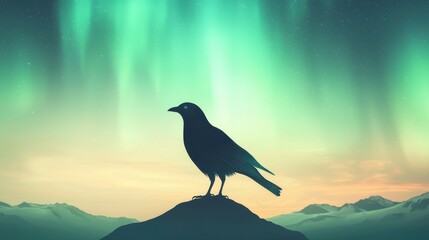 Fototapeta premium silhouette of a raven against a stunning aurora backdrop, capturing the beauty of nature and wildlife.