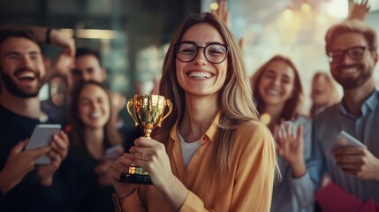 Business success concept. Happy winner businesswoman receives a business award and holding trophy with team of cheerful workers. Celebrating and congratulating their leader on great work success.