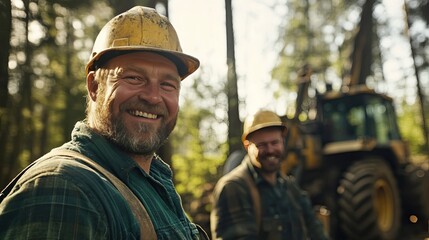 Fototapeta premium A Lumberjack Smiling in a Forest with a Tractor in the Background