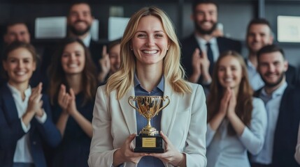Business success concept. Happy winner businesswoman receives a business award and holding trophy with team of cheerful workers. Celebrating and congratulating their leader on great work success.