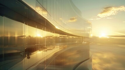 Obraz premium Futuristic skyscraper with curved glass walls reflecting the sunset