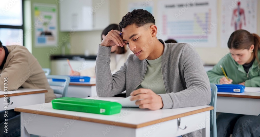 Poster confused, student and writing for test in class for university exams, project and academic assignmen