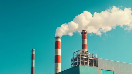 Smoke rising from factory pipes against a blue sky