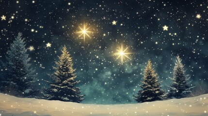 Starry skies with Christmas trees. A night sky full of numerous little stars and one enormous bright star can be seen above Christmas trees snowy landscape adorned with white stars. Generative AI