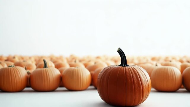 Single dark pumpkin stands out among rows of lighter ones. Crisp lighting accentuates textures and colors. White background creates clean, minimalist aesthetic.	