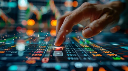 Fototapeta premium A close-up of a hand pressing the buy button on a responsive stock trading interface, with multiple stock trends in the background, fingers in focus, vivid display, realistic lighting,