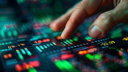 Obraz premium A close-up of a hand pressing the buy button on a sophisticated stock market screen, green rising stock charts in the background, detailed and focused hand, sharp interface, soft blur on charts,