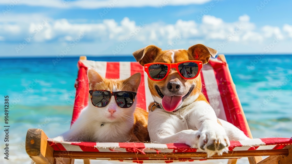 Wall mural Happy cute dog and a cat wearing sunglasses lying on a deck chair at the beach, with a blue sky and sea background, summer vacation concept.