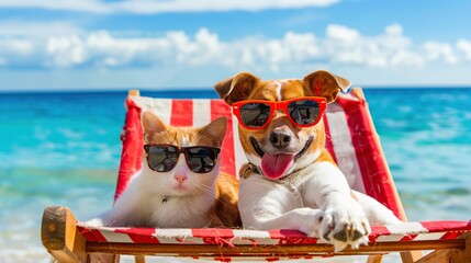 Happy cute dog and a cat wearing sunglasses lying on a deck chair at the beach, with a blue sky and sea background, summer vacation concept.