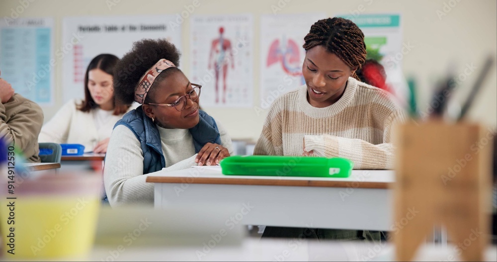 Poster Student, question and writing for test in class for university exams, project and academic assignment. Girl, explain and brainstorm for learning, homework and education with development in classroom
