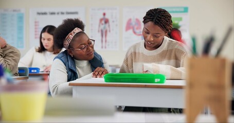 Student, question and writing for test in class for university exams, project and academic assignment. Girl, explain and brainstorm for learning, homework and education with development in classroom