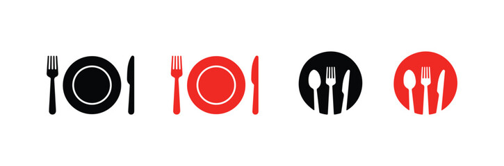 Fork, knife, plate and spoon. Menu symbol. Restaurant icon. Food, plate, fork, knife, spoon, cutlery icon set. Vector