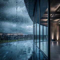Image of a meeting in an office with heavy rain outside