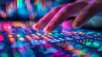 Naklejka premium A close-up of a hand pressing the buy button on a vibrant stock trading platform, colorful stock charts and graphs in the background, detailed fingers and button, sharp focus on the interface,